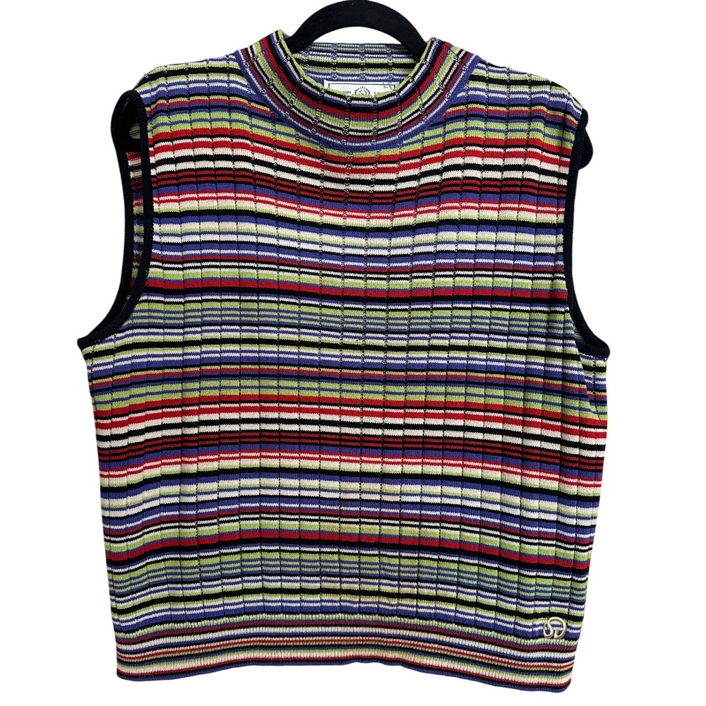 Vintage St John Sport Marie Gray Striped Sweater Vest Top Gold Logo L